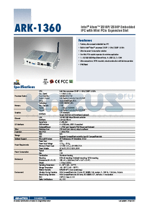 ARK-1360F-S1A1E datasheet - Fanless, ultra compact embedded box IPC