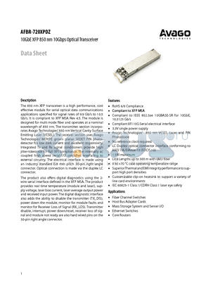 AFBR-720XPDZ datasheet - 10GbE XFP 850 nm 10Gbps Optical Transceiver