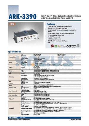 ARK-3390-1S1A1E datasheet - Intel^ Core 2 Duo Automation Control System with Two Isolated COM Ports and GPIO