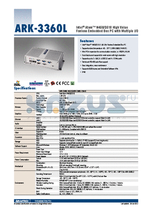 ARK-3360L-N4A1E datasheet - Intel^ Atom N450/D510 High Value Fanless Embedded Box PC with Multiple I/O