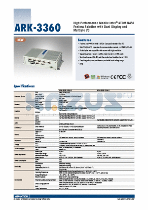 ARK-3360L-S6A1E datasheet - High Performance Mobile Intel^ ATOM N450 Fanless Solution with Dual Display and Multiple I/O