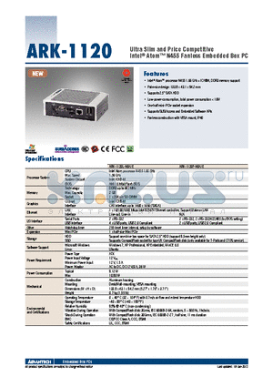 ARK-1120F-N5A1E datasheet - Ultra Slim and Price Competitive Intel^ Atom N455 Fanless Embedded Box PC