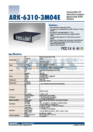 ARK-6310-3M04E datasheet - Fanless Mini-ITX Embedded Computer System with ATOM Solution