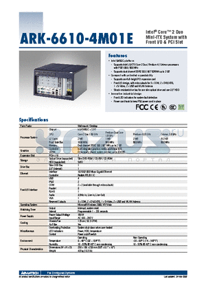 ARK-6610-4M01E datasheet - Intel^ Core 2 Duo Mini-ITX System with Front I/O & PCI Slot
