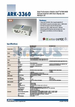ARK-3360F-S6A1E datasheet - High Performance Mobile Intel^ ATOM N450 Fanless Solution with Dual Display and Multiple I/O