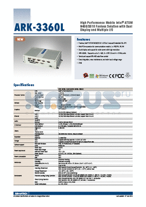 ARK-3360L-D5A1E datasheet - High Performance Mobile Intel^ ATOM N450/D510 Fanless Solution with Dual Display and Multiple I/O