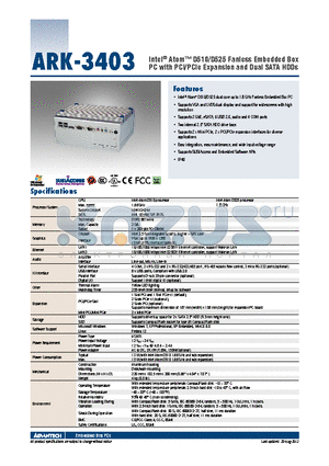 ARK-3403-D5A1E datasheet - Intel^ Atom D510/D525 Fanless Embedded Box PC with PCI/PCIe Expansion and Dual SATA HDDs