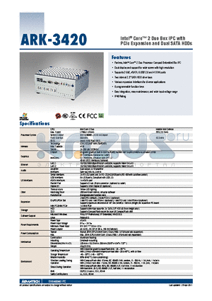 ARK-3420 datasheet - Intel^ Core 2 Duo Box IPC with PCIe Expansion and Dual SATA HDDs