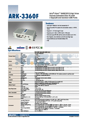 ARK-3360F-D5A1E datasheet - Intel^ Atom N450/D510 High Value Fanless Embedded Box PC with 3 GigaLAN and Isolated COM Ports