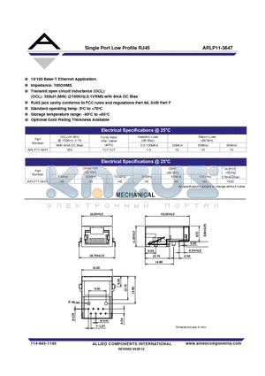 ARLP11-3647 datasheet - Single Port Low Profile RJ45