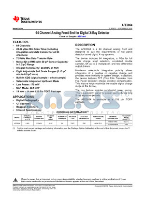 AFE0064IPBKR datasheet - 64 Channel Analog Front End for Digital X-Ray Detector