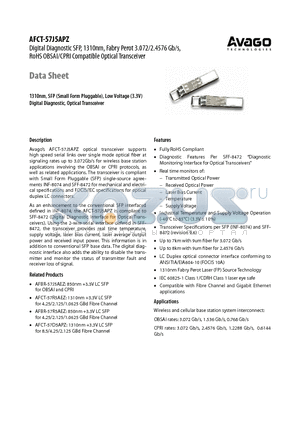AFCT-57J5APZ datasheet - Digital Diagnostic SFP, 1310nm, Fabry Perot 3.072/2.4576 Gb/s, RoHS OBSAI/CPRI Compatible Optical Transceiver