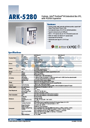 ARK-5280 datasheet - Fanless, Intel^ Pentium^ M Embedded Box IPC, with PCI/ISA Expansion