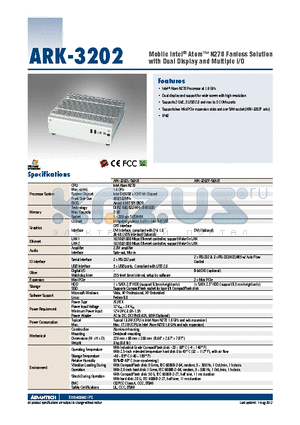 ARK-3202F-S6A1E datasheet - Mobile Intel^ Atom N270 Fanless Solution with Dual Display and Multiple I/O