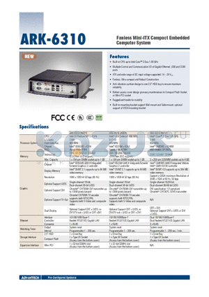 ARK-6310 datasheet - Fanless Mini-ITX Compact Embedded Computer System