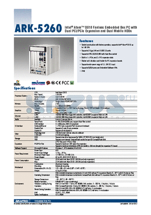 ARK-5260A-D5A1E datasheet - Intel^ Atom D510 Fanless Embedded Box PC with Dual PCI/PCIe Expansion and Dual Mobile HDDs