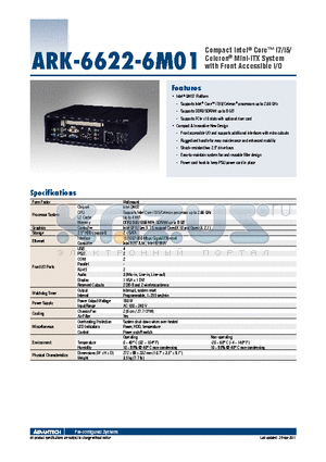 ARK-6622-6M01 datasheet - Compact Intel^ Core i7/i5/ Celeron^ Mini-ITX System with Front Accessible I/O
