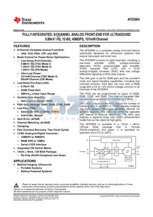 AFE5804ZCFT datasheet - FULLY-INTEGRATED, 8-CHANNEL ANALOG FRONT-END FOR ULTRASOUND 0.89nV/Hz, 12-Bit, 40MSPS, 101mW/Channel