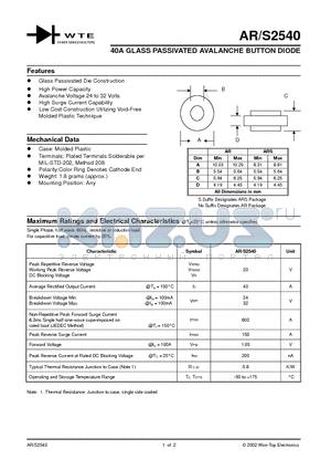 ARS2540 datasheet - 40A GLASS PASSIVATED AVALANCHE BUTTON DIODE