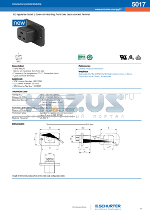 5017 datasheet - IEC Appliance Outlet J, Screw-on Mounting, Front Side, Quick-connect Terminal