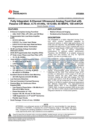 AFE5808A datasheet - Fully Integrated, 8-Channel Ultrasound Analog Front End with Passive CW Mixer, 0.75 nV/rtHz, 14/12-Bit, 65 MSPS, 158 mW/CH