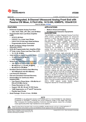 AFE5808ZCF datasheet - Fully Integrated, 8-Channel Ultrasound Analog Front End with Passive CW Mixer, 0.75nV/rtHz, 14/12-Bit, 65MSPS, 153mW/CH