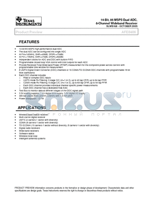 AFE8406TBD datasheet - 14-Bit, 85 MSPS Dual ADC, 8-Channel Wideband Receiver