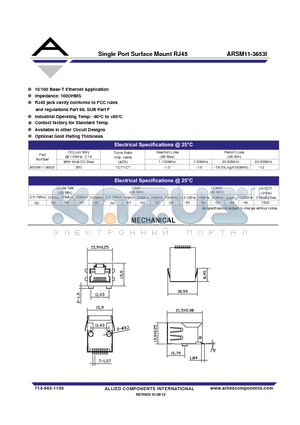 ARSM11-3653I datasheet - Single Port Surface Mount RJ45