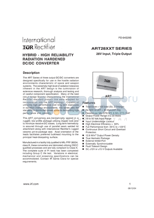 ART10012T datasheet - 28V Input, Triple Output / HYBRID - HIGH RELIABILITY RADIATION HARDENED DC/DC CONVERTER