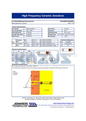 2600AT44A0600 datasheet - 2.6 GHz Wideband Chip Antenna