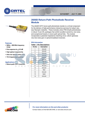 2606B datasheet - Return-Path Photodiode Receiver Module