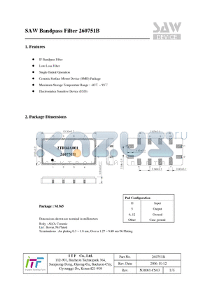 260751B datasheet - SAW Bandpass Filter