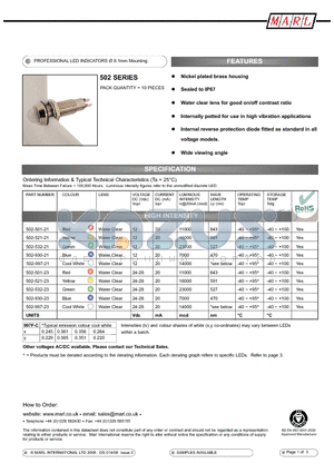 502-501-21 datasheet - PROFESSIONAL LED INDICATORS  8.1mm Mounting