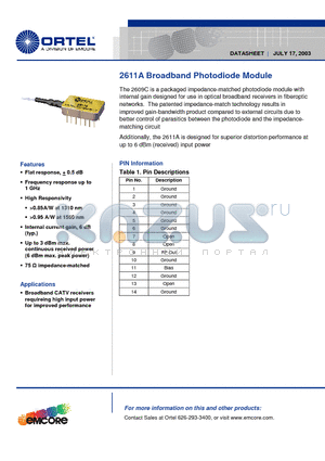 2611A datasheet - Broadband Photodiode Module