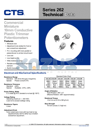 262 datasheet - Commercial Miniature 10mm Conductive Plastic Trimmer Potentiometers