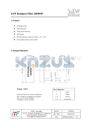 260401B datasheet - SAW Bandpass Filter