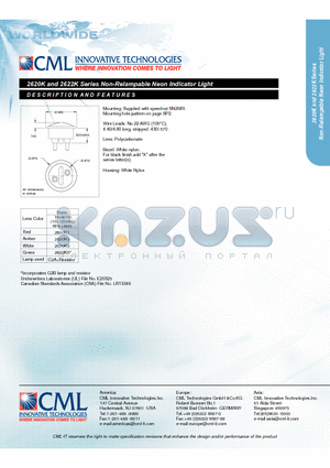 2620K datasheet - Non-Relampable Neon Indicator Light