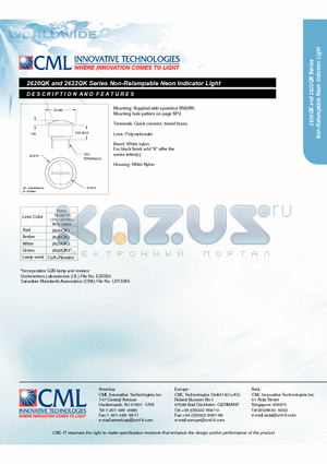 2620QK datasheet - Non-Relampable Neon Indicator Light