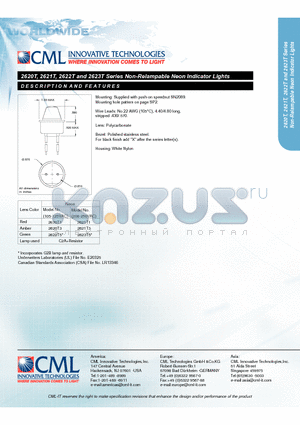 2620T datasheet - Non-Relampable Neon Indicator Lights