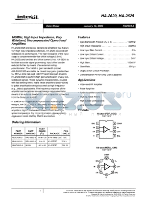 26259 datasheet - 100MHz, High Input Impedance, Very Wideband, Uncompensated Operational Amplifiers