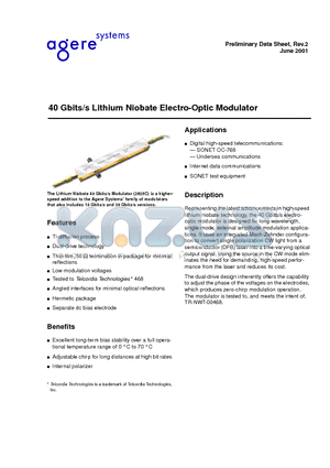 2625C datasheet - 40 Gbits/s Lithium Niobate Electro-Optic Modulator