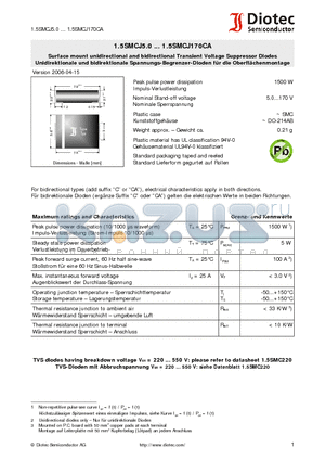 1.5SMCJ170CA datasheet - Surface mount unidirectional and bidirectional Transient Voltage Suppressor Diodes