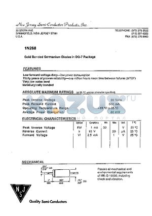 1N268 datasheet - Gold Bonded Germanium Diodes in DO-7 Package