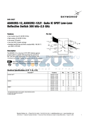 AS002R2-12LF datasheet - GaAs IC SPDT Low-Loss Reflective Switch 300 kHz-2.5 GHz