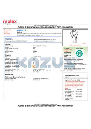 50224-7112 datasheet - Ring Tongue Terminal for 16-22 AWG, Closed Uninsulated Brazed Barrel, Stud Size 5 (M3), Oxygen-Free Copper, Length 12.00mm (.472