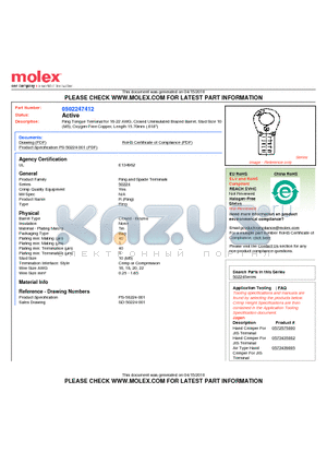 50224-7412 datasheet - Ring Tongue Terminal for 16-22 AWG, Closed Uninsulated Brazed Barrel, Stud Size 10(M5), Oxygen-Free Copper, Length 15.70mm (.618