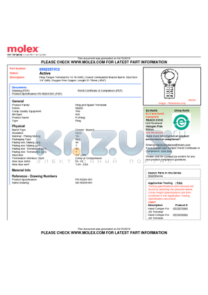 50225-7412 datasheet - Ring Tongue Terminal for 14-16 AWG, Closed Uninsulated Brazed Barrel, Stud Size1/4