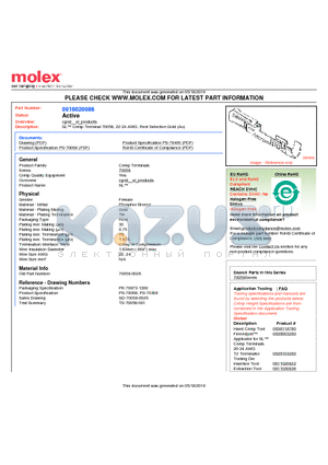 0016020088 datasheet - SL Crimp Terminal 70058, 22-24 AWG, Reel Selective Gold (Au)