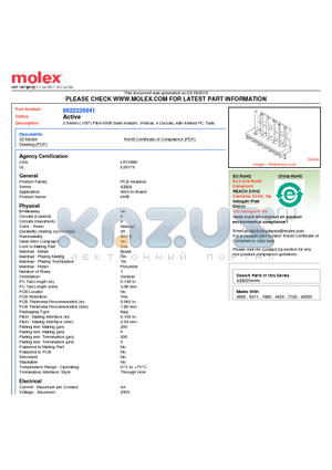 A-43009-0013 datasheet - 2.54mm (.100) Pitch KK^ Solid Header, Vertical, 4 Circuits, with Kinked PC Tails