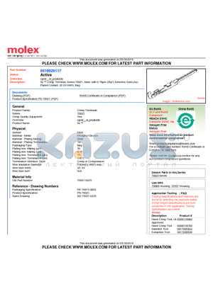 0016020117 datasheet - SL Crimp Terminal, Series 70021, Male, with 0.76lm (30l) Selective Gold (Au) Plated Contact, 22-24 AWG, Bag